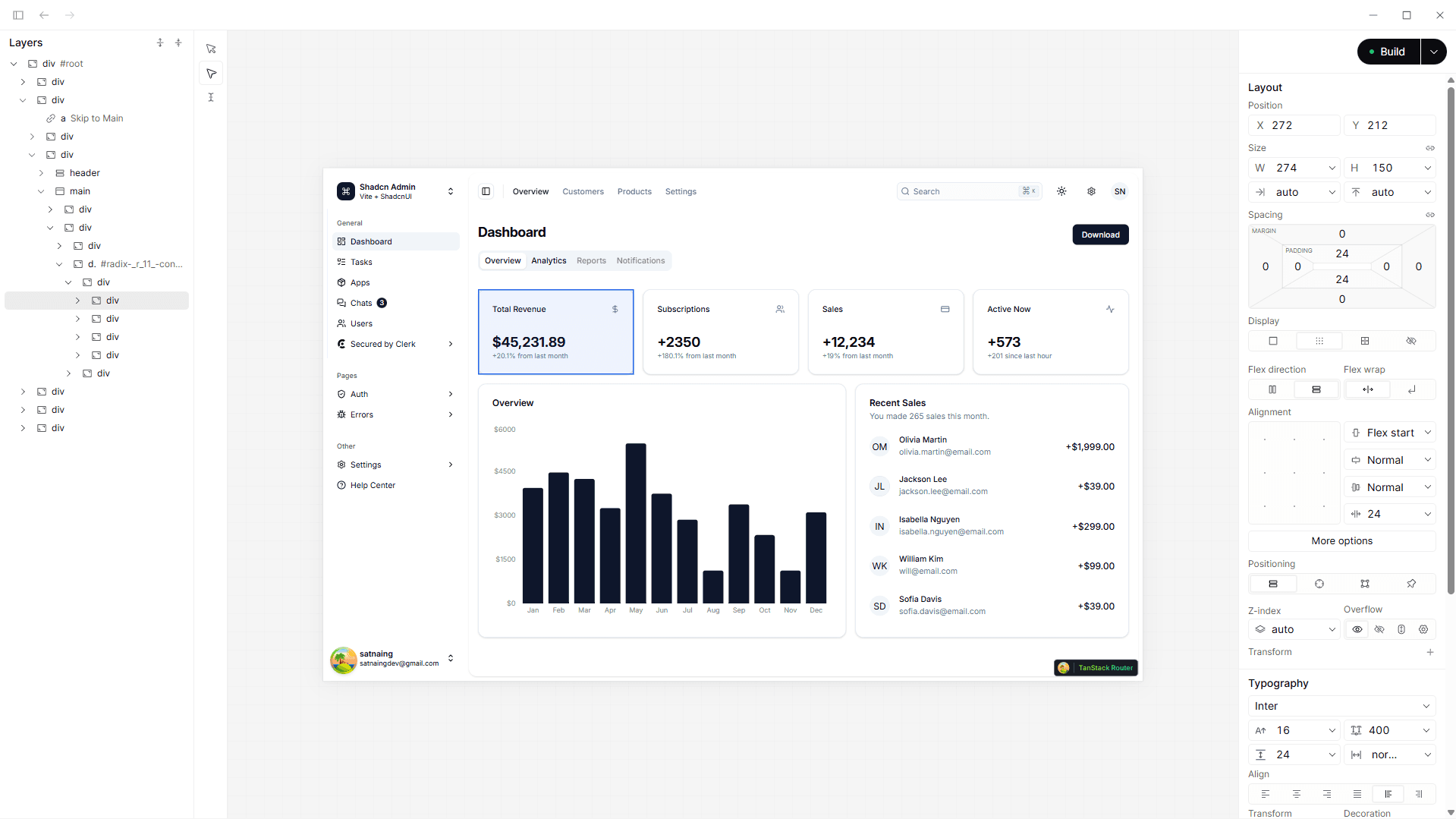 Formia editing a dashboard with layers, a live canvas, and layout controls